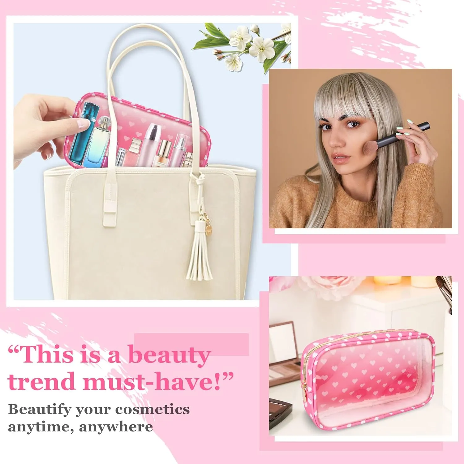 Small Clear Travel Makeup Organizer Bag for Purse, Preppy Makeup Bag Cute Cosmetic Zipper Pouch Purse, Transparent PVC & Nylon Waterproof Makeup Brush Bag Toiletry Storage for Women Girls(Pink Heart)