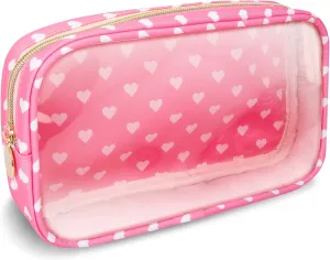 Small Clear Travel Makeup Organizer Bag for Purse, Preppy Makeup Bag Cute Cosmetic Zipper Pouch Purse, Transparent PVC & Nylon Waterproof Makeup Brush Bag Toiletry Storage for Women Girls(Pink Heart)