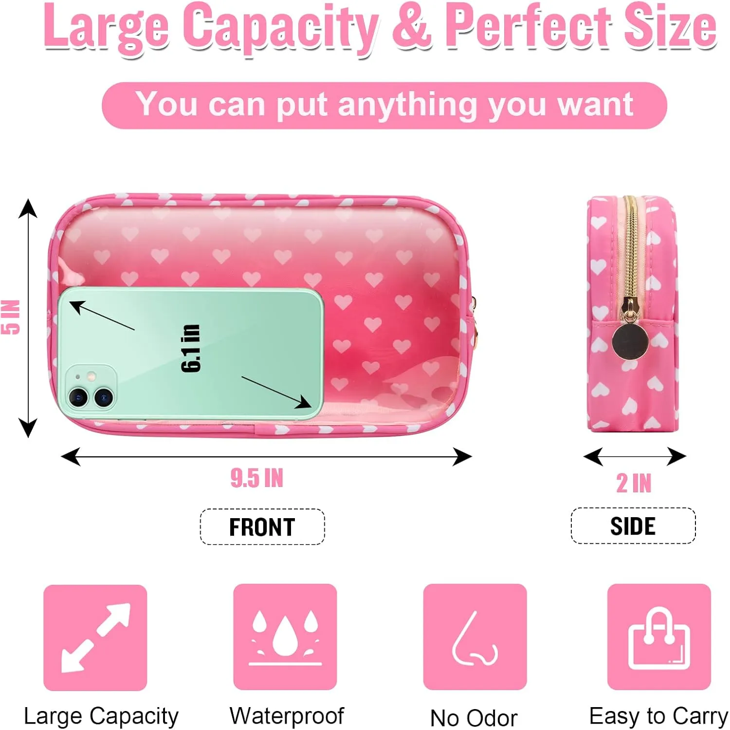 Small Clear Travel Makeup Organizer Bag for Purse, Preppy Makeup Bag Cute Cosmetic Zipper Pouch Purse, Transparent PVC & Nylon Waterproof Makeup Brush Bag Toiletry Storage for Women Girls(Pink Heart)