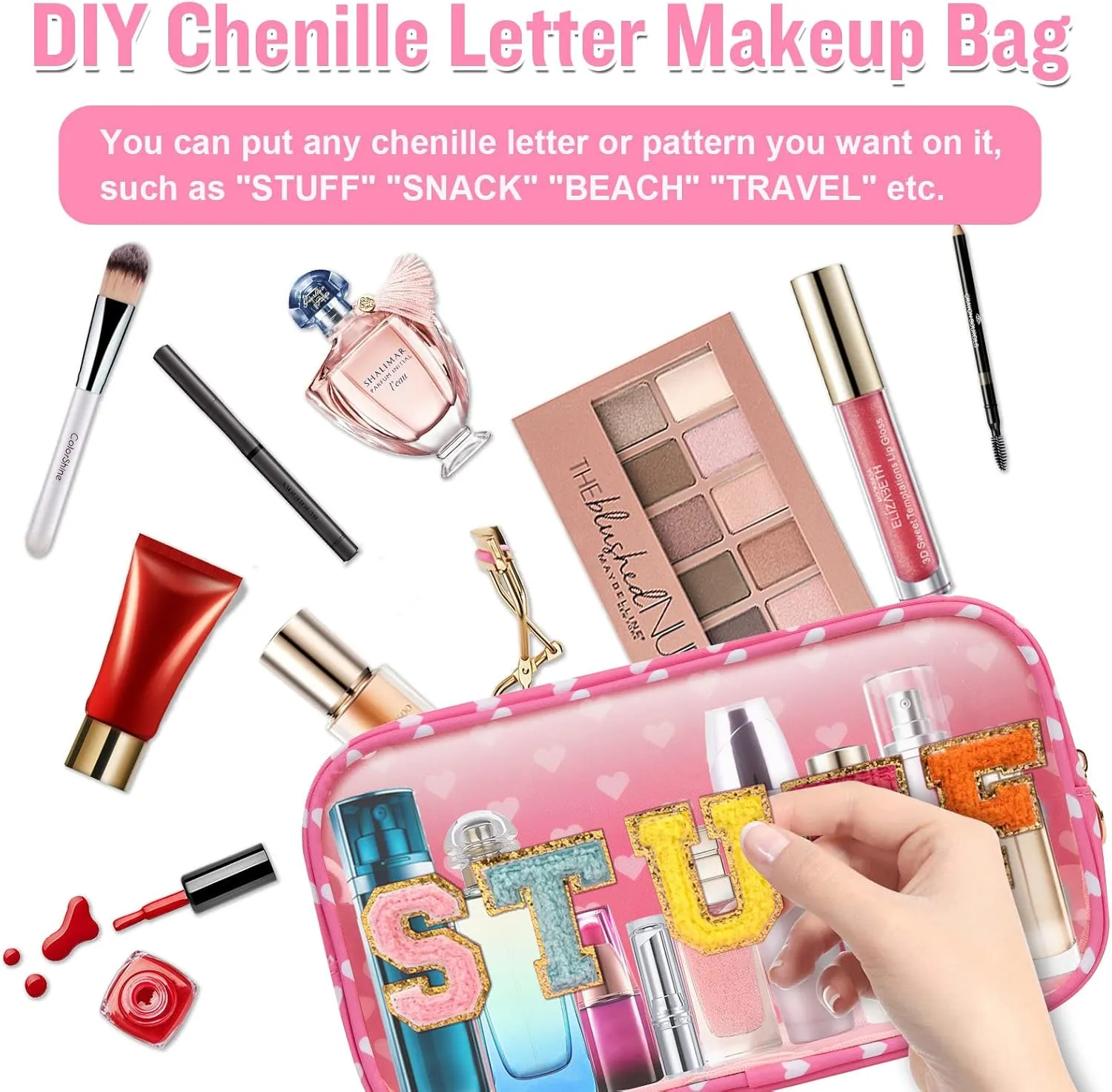 Small Clear Travel Makeup Organizer Bag for Purse, Preppy Makeup Bag Cute Cosmetic Zipper Pouch Purse, Transparent PVC & Nylon Waterproof Makeup Brush Bag Toiletry Storage for Women Girls(Pink Heart)