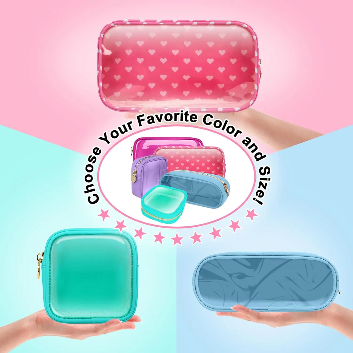 Small Clear Travel Makeup Organizer Bag for Purse, Preppy Makeup Bag Cute Cosmetic Zipper Pouch Purse, Transparent PVC & Nylon Waterproof Makeup Brush Bag Toiletry Storage for Women Girls(Pink Heart)