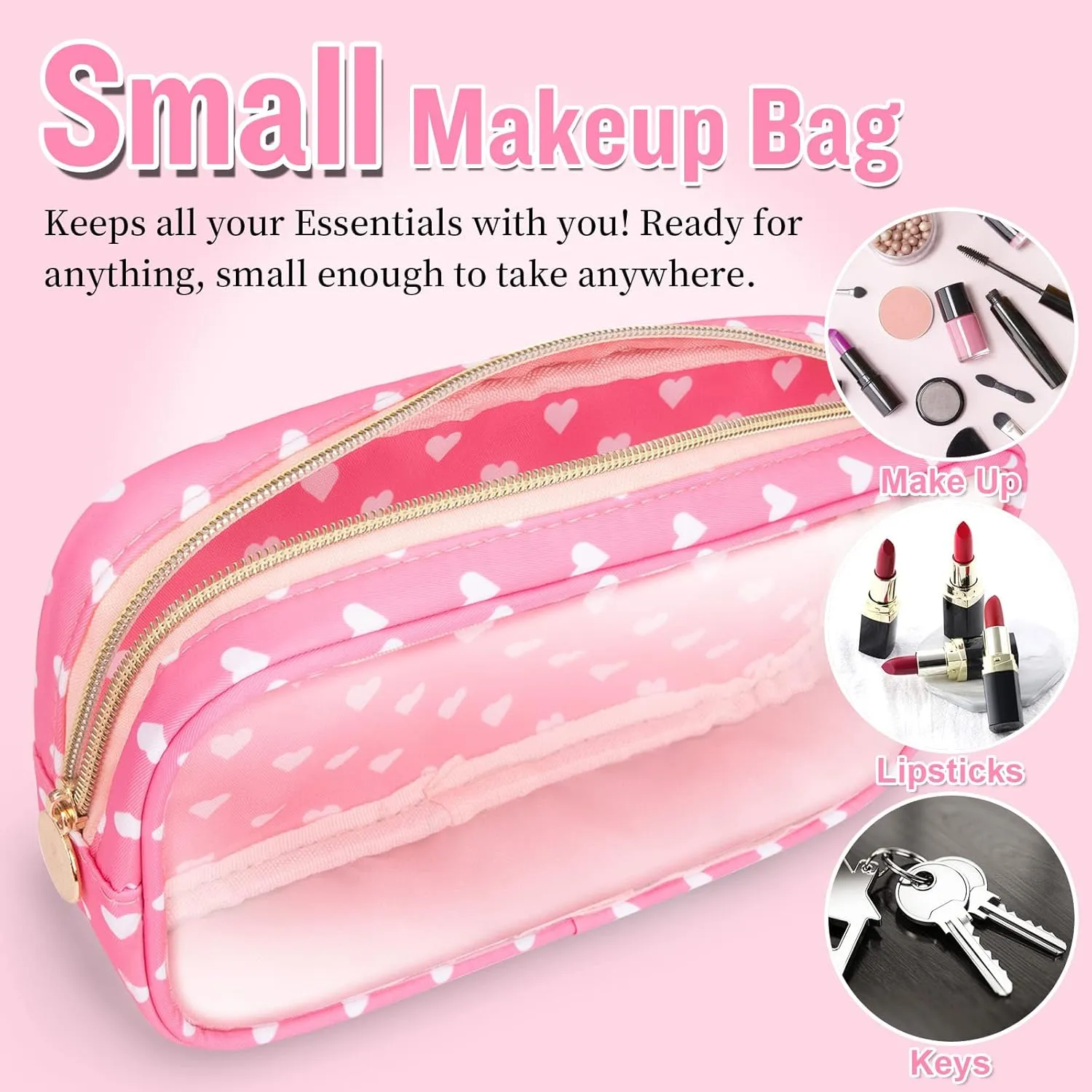 Small Clear Travel Makeup Organizer Bag for Purse, Preppy Makeup Bag Cute Cosmetic Zipper Pouch Purse, Transparent PVC & Nylon Waterproof Makeup Brush Bag Toiletry Storage for Women Girls(Pink Heart)
