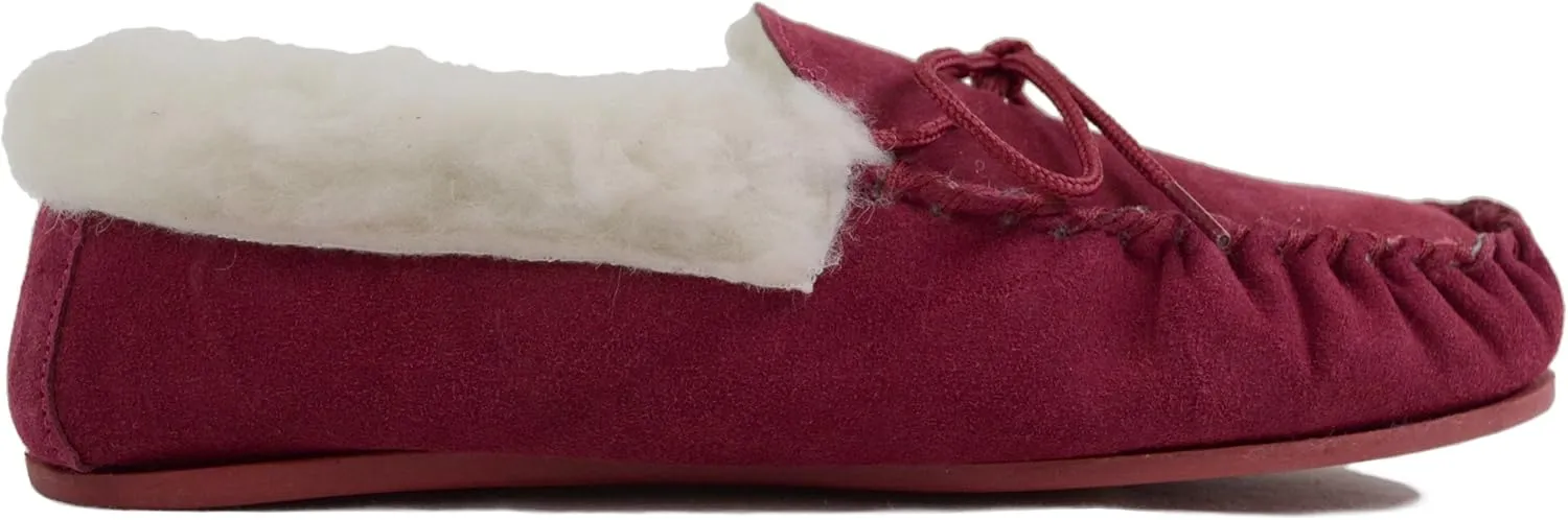 SNUGRUGS Womens Dark Brown Wool Lined Moccasin Slippers with Rubber Sole.