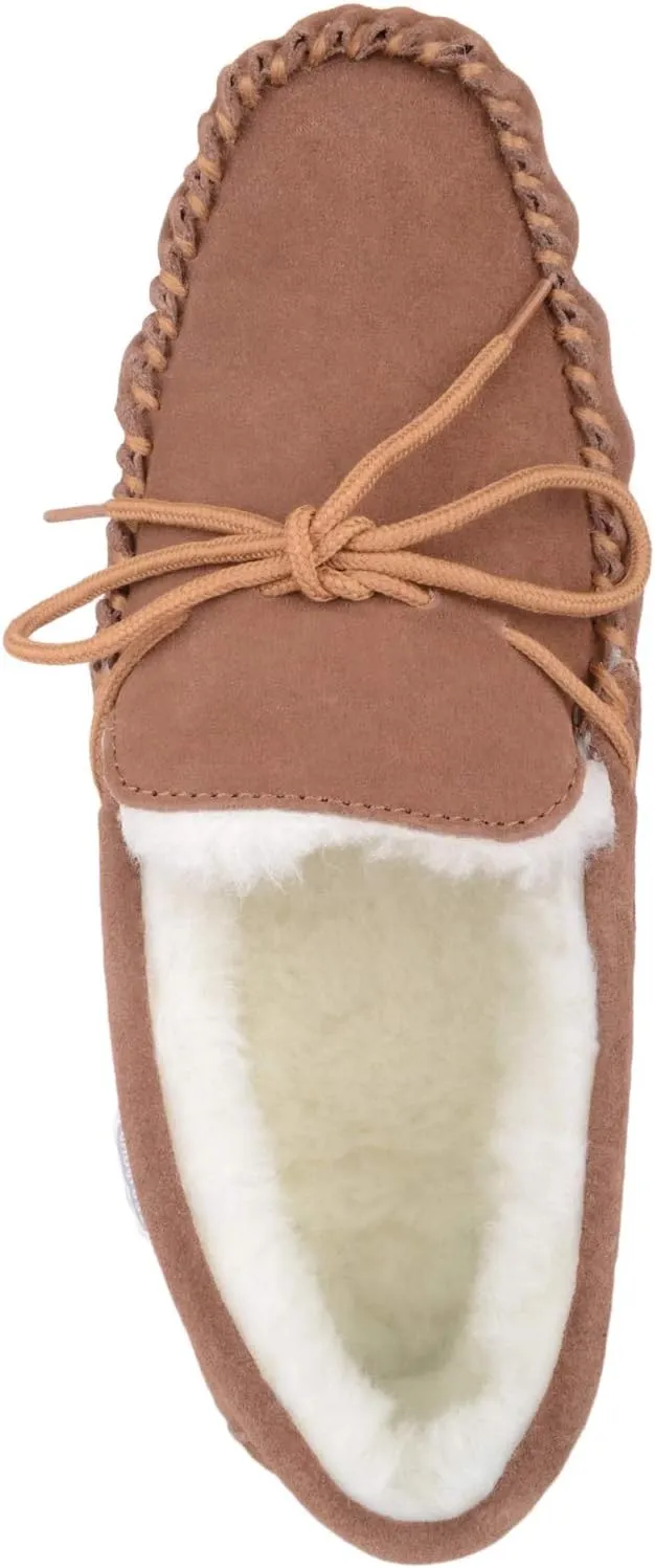 SNUGRUGS Womens Dark Brown Wool Lined Moccasin Slippers with Rubber Sole.