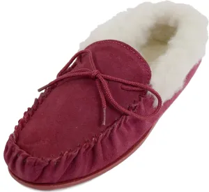 SNUGRUGS Womens Dark Brown Wool Lined Moccasin Slippers with Rubber Sole.