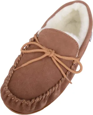 SNUGRUGS Womens Dark Brown Wool Lined Moccasin Slippers with Rubber Sole.