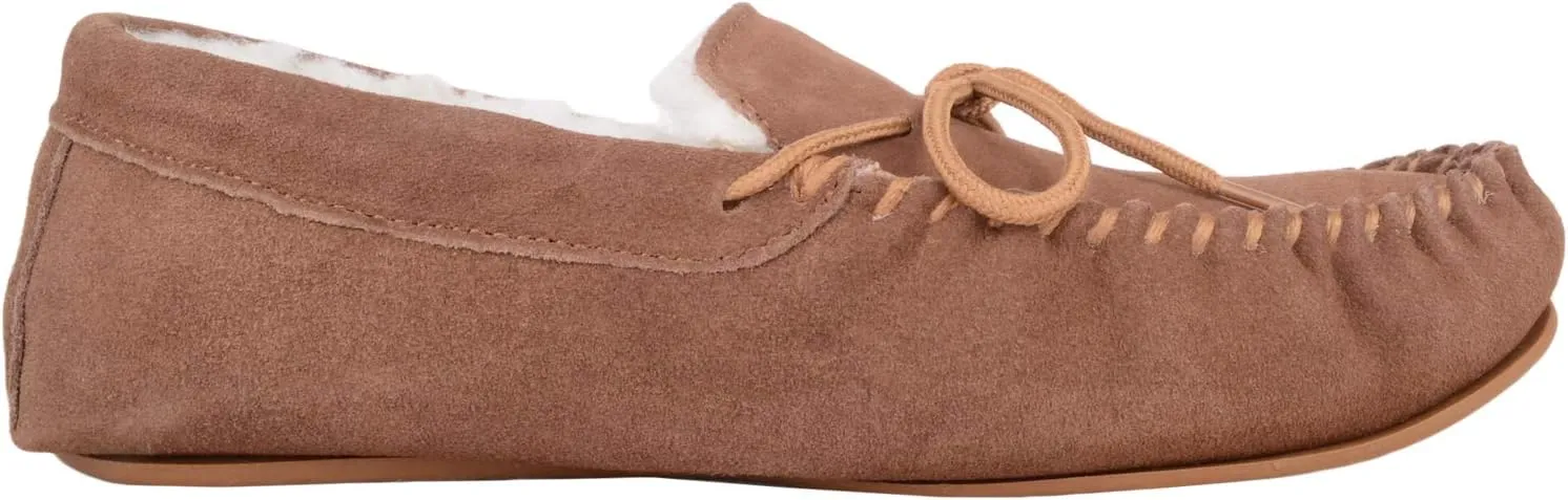 SNUGRUGS Womens Dark Brown Wool Lined Moccasin Slippers with Rubber Sole.
