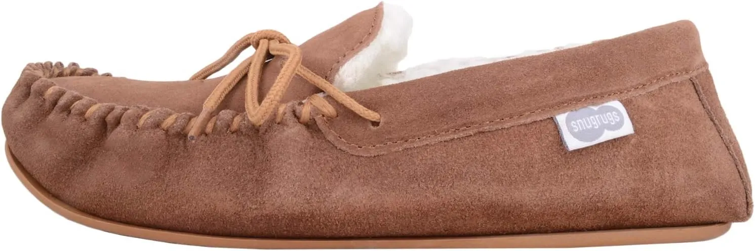 SNUGRUGS Womens Dark Brown Wool Lined Moccasin Slippers with Rubber Sole.