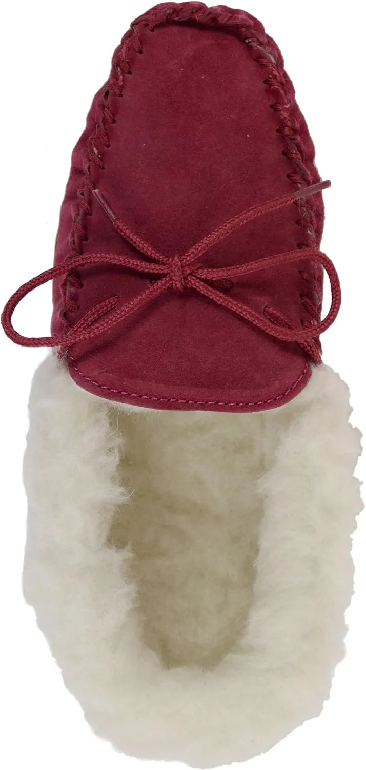SNUGRUGS Womens Dark Brown Wool Lined Moccasin Slippers with Rubber Sole.
