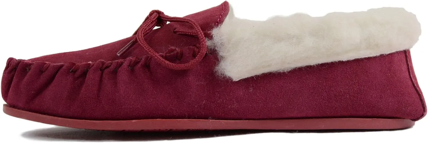 SNUGRUGS Womens Dark Brown Wool Lined Moccasin Slippers with Rubber Sole.