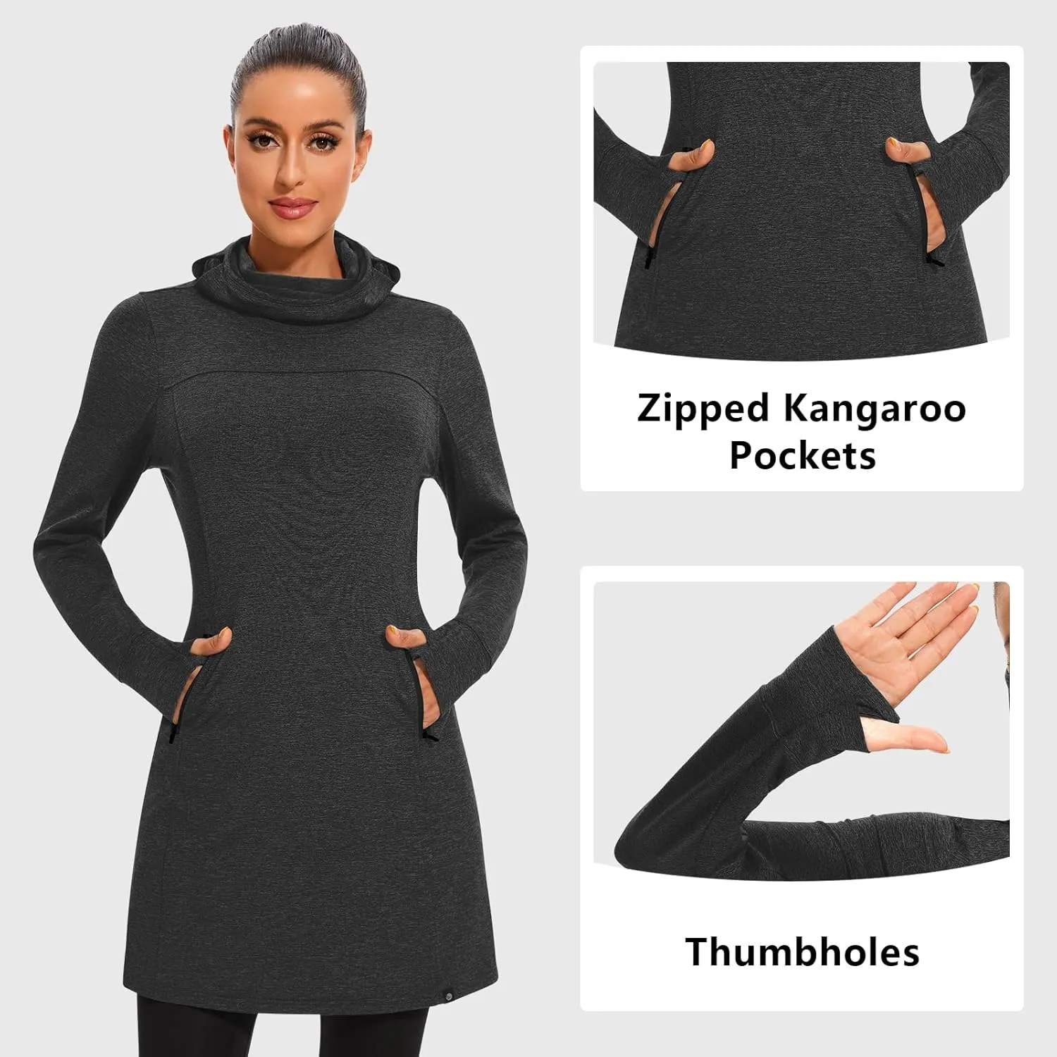Soneven Women's Fleece Dress Running Thermal Sweatshirts Dresses Winter Skiing Athletic Pullover with Thumb Holes and Pockets