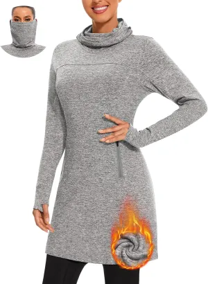 Soneven Women's Fleece Dress Running Thermal Sweatshirts Dresses Winter Skiing Athletic Pullover with Thumb Holes and Pockets