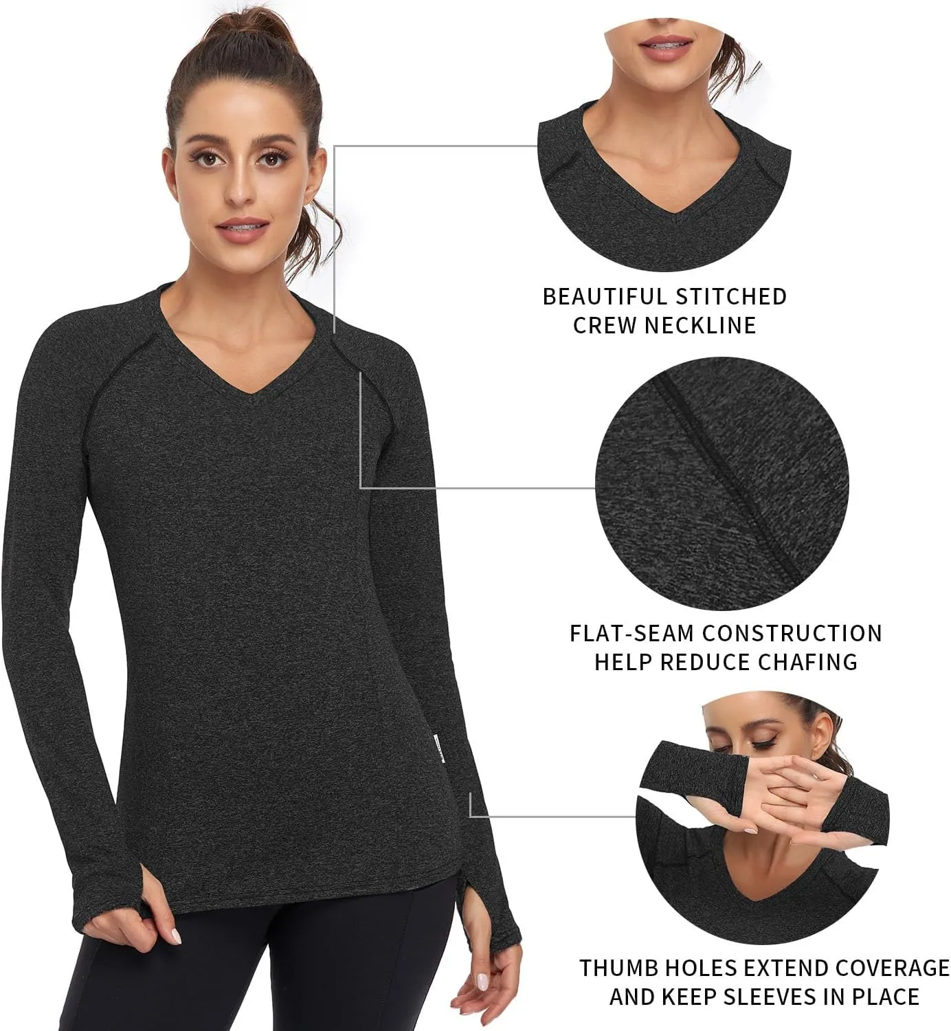 Soneven Women's Thermal Fleece Running Shirts Compression Shirts Quick Dry Workout Pullover Tops with Thumb Holes