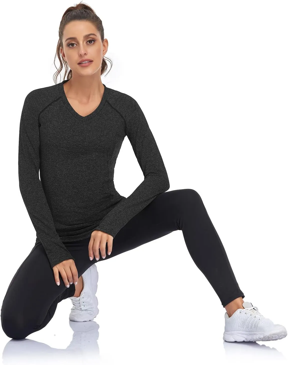 Soneven Women's Thermal Fleece Running Shirts Compression Shirts Quick Dry Workout Pullover Tops with Thumb Holes