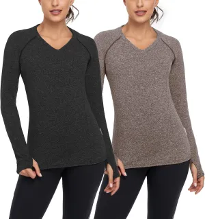 Soneven Women's Thermal Fleece Running Shirts Compression Shirts Quick Dry Workout Pullover Tops with Thumb Holes