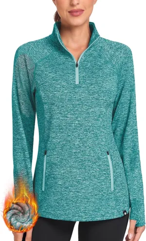 Soneven Women's Thermal Fleece Running Shirts Warm Winter Pullover Cold Weather Workout Hiking Tops with Thumb Holes Pockets