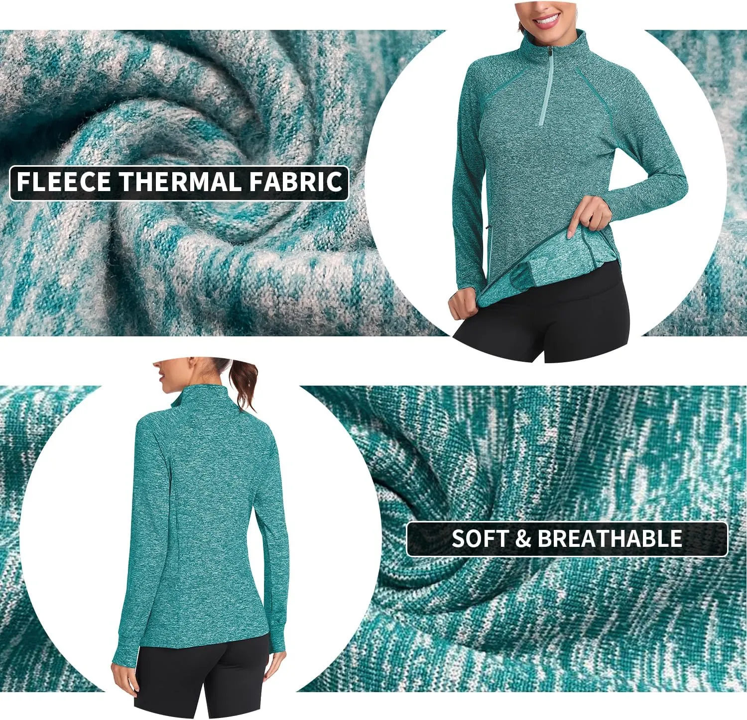 Soneven Women's Thermal Fleece Running Shirts Warm Winter Pullover Cold Weather Workout Hiking Tops with Thumb Holes Pockets