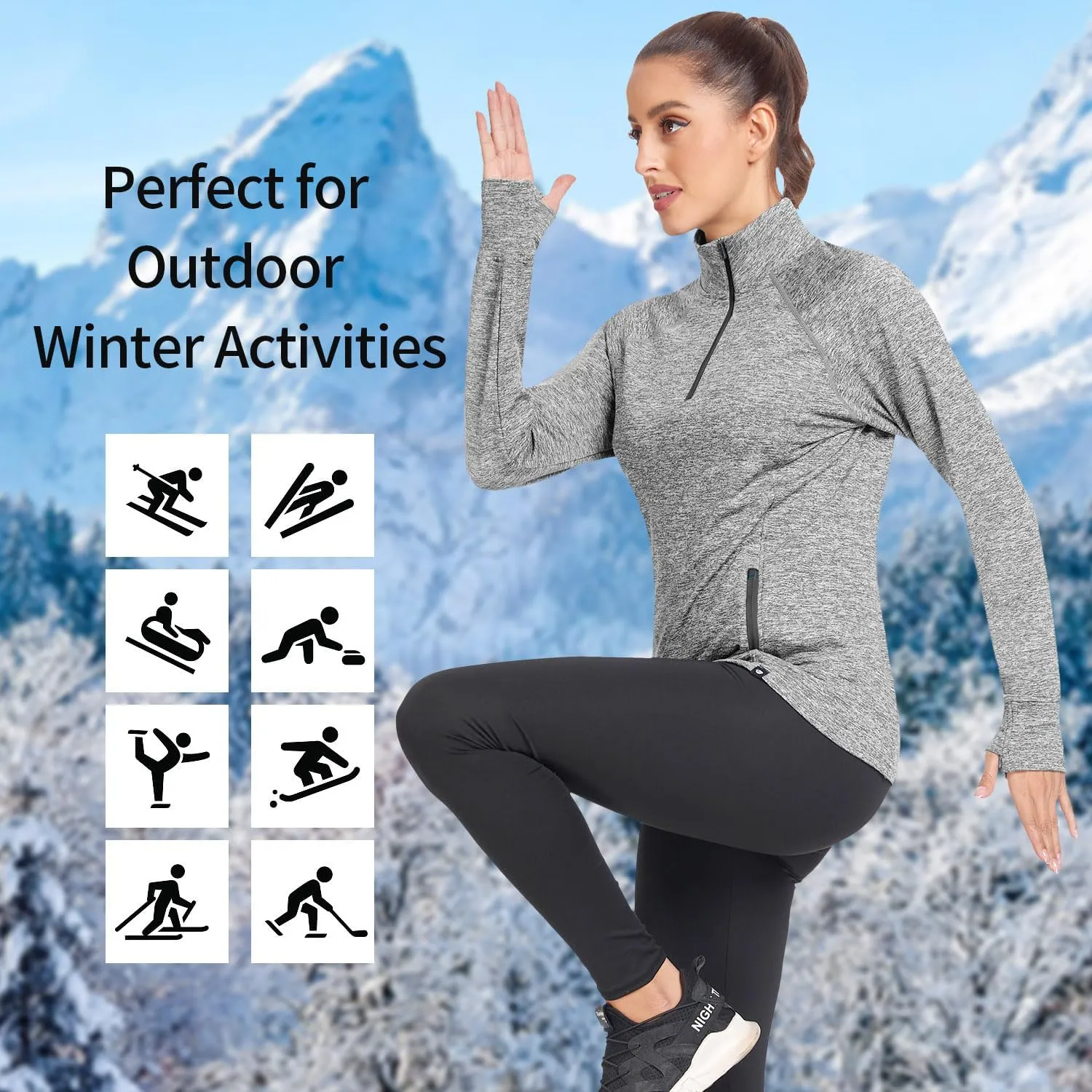 Soneven Women's Thermal Fleece Running Shirts Warm Winter Pullover Cold Weather Workout Hiking Tops with Thumb Holes Pockets