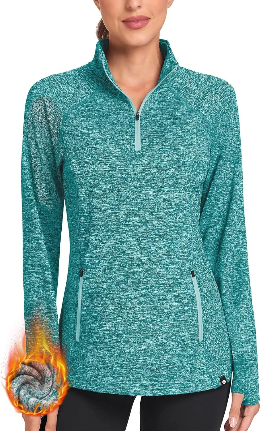 Soneven Women's Thermal Fleece Running Shirts Warm Winter Pullover Cold Weather Workout Hiking Tops with Thumb Holes Pockets