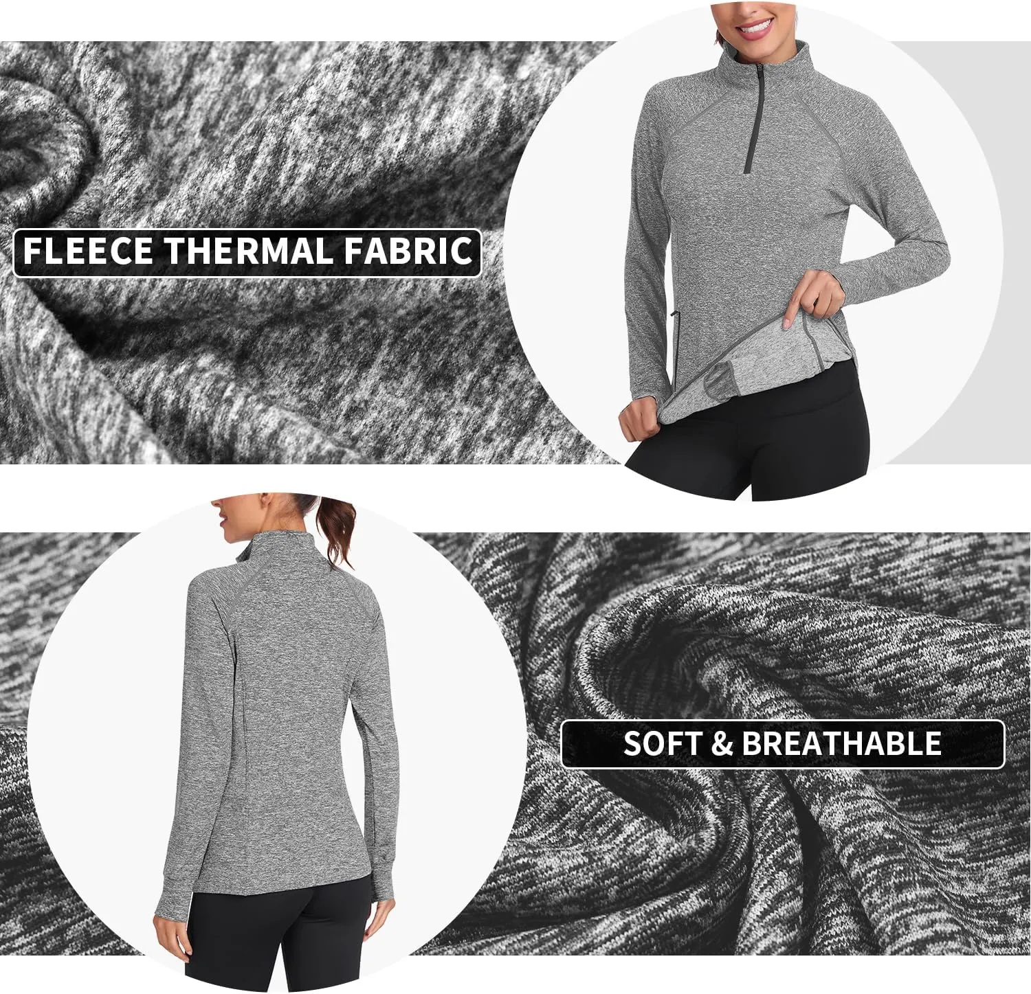 Soneven Women's Thermal Fleece Running Shirts Warm Winter Pullover Cold Weather Workout Hiking Tops with Thumb Holes Pockets