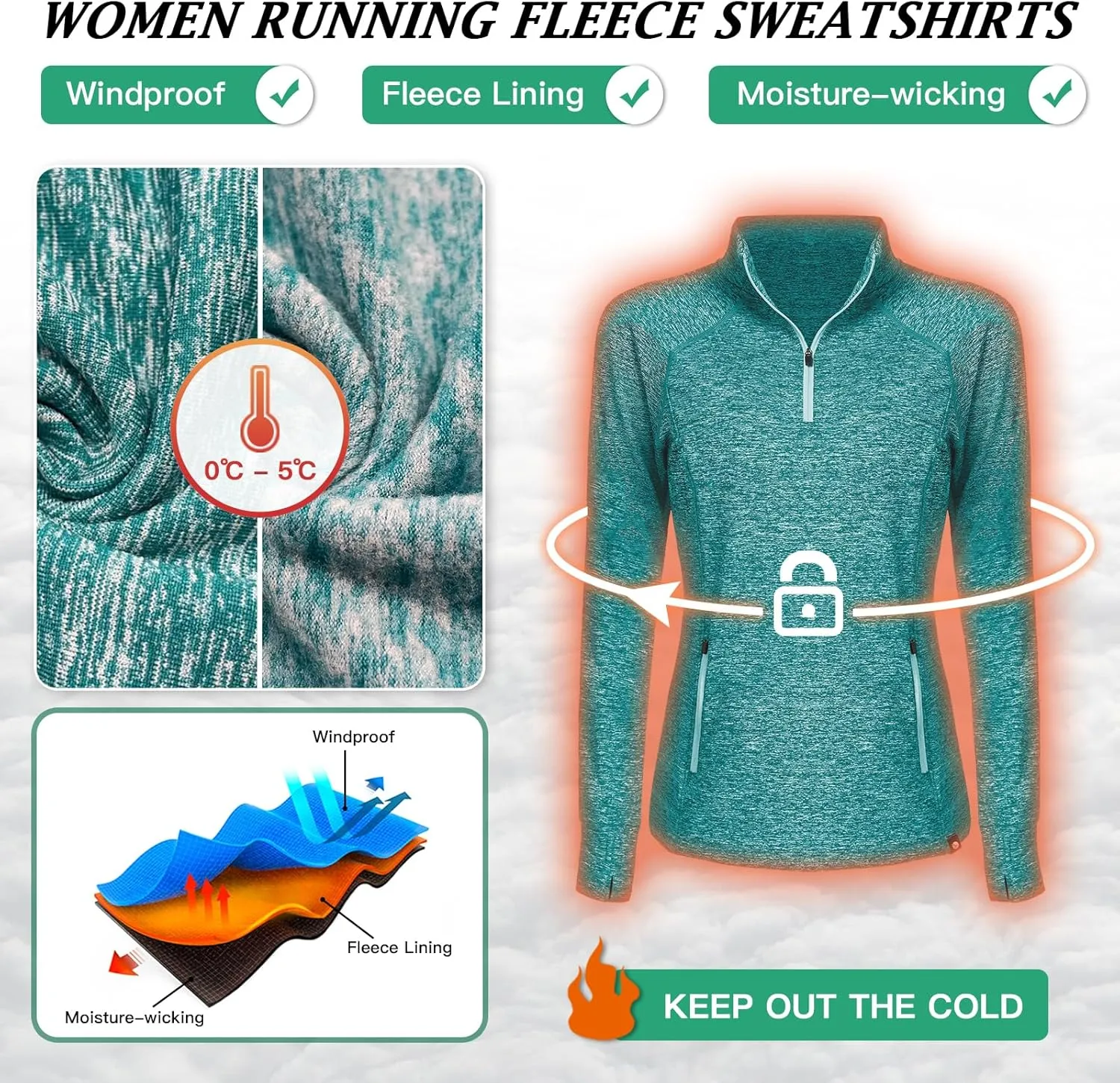 Soneven Women's Thermal Fleece Running Shirts Warm Winter Pullover Cold Weather Workout Hiking Tops with Thumb Holes Pockets