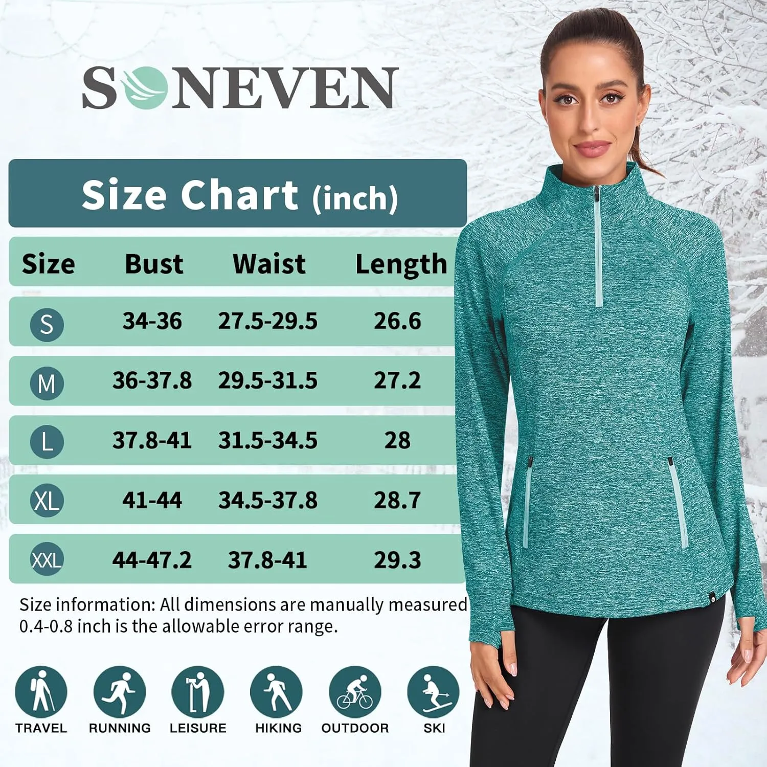 Soneven Women's Thermal Fleece Running Shirts Warm Winter Pullover Cold Weather Workout Hiking Tops with Thumb Holes Pockets