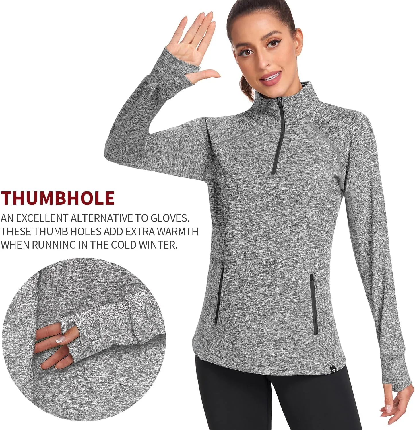 Soneven Women's Thermal Fleece Running Shirts Warm Winter Pullover Cold Weather Workout Hiking Tops with Thumb Holes Pockets