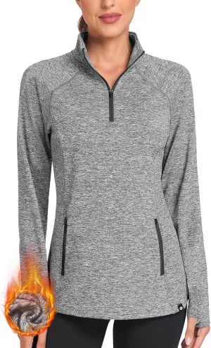 Soneven Women's Thermal Fleece Running Shirts Warm Winter Pullover Cold Weather Workout Hiking Tops with Thumb Holes Pockets