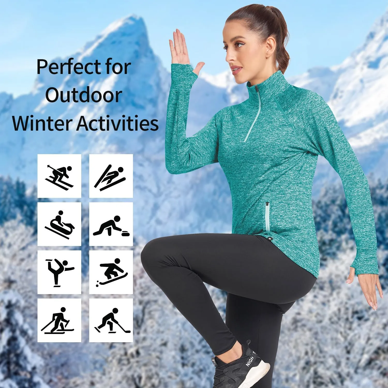 Soneven Women's Thermal Fleece Running Shirts Warm Winter Pullover Cold Weather Workout Hiking Tops with Thumb Holes Pockets