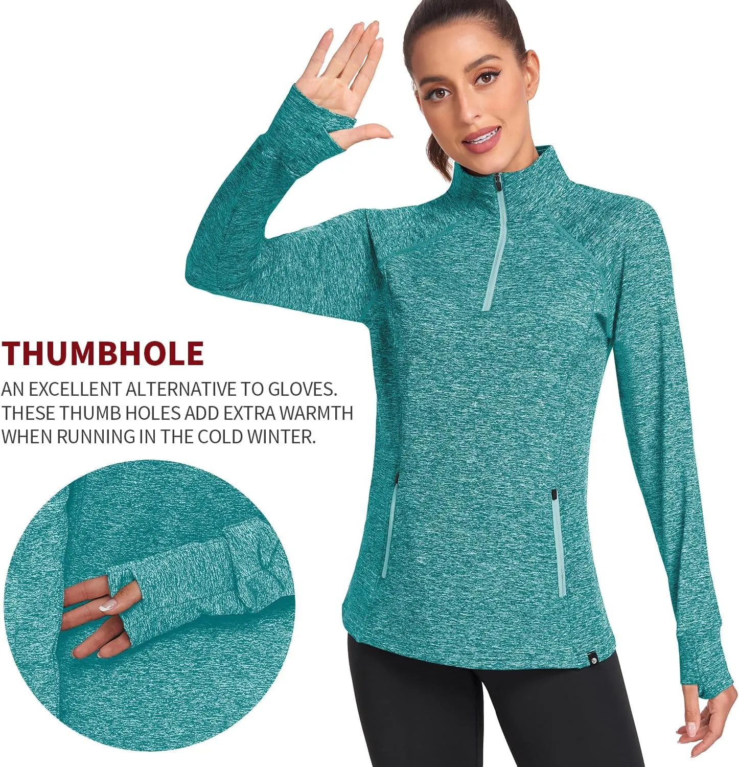Soneven Women's Thermal Fleece Running Shirts Warm Winter Pullover Cold Weather Workout Hiking Tops with Thumb Holes Pockets