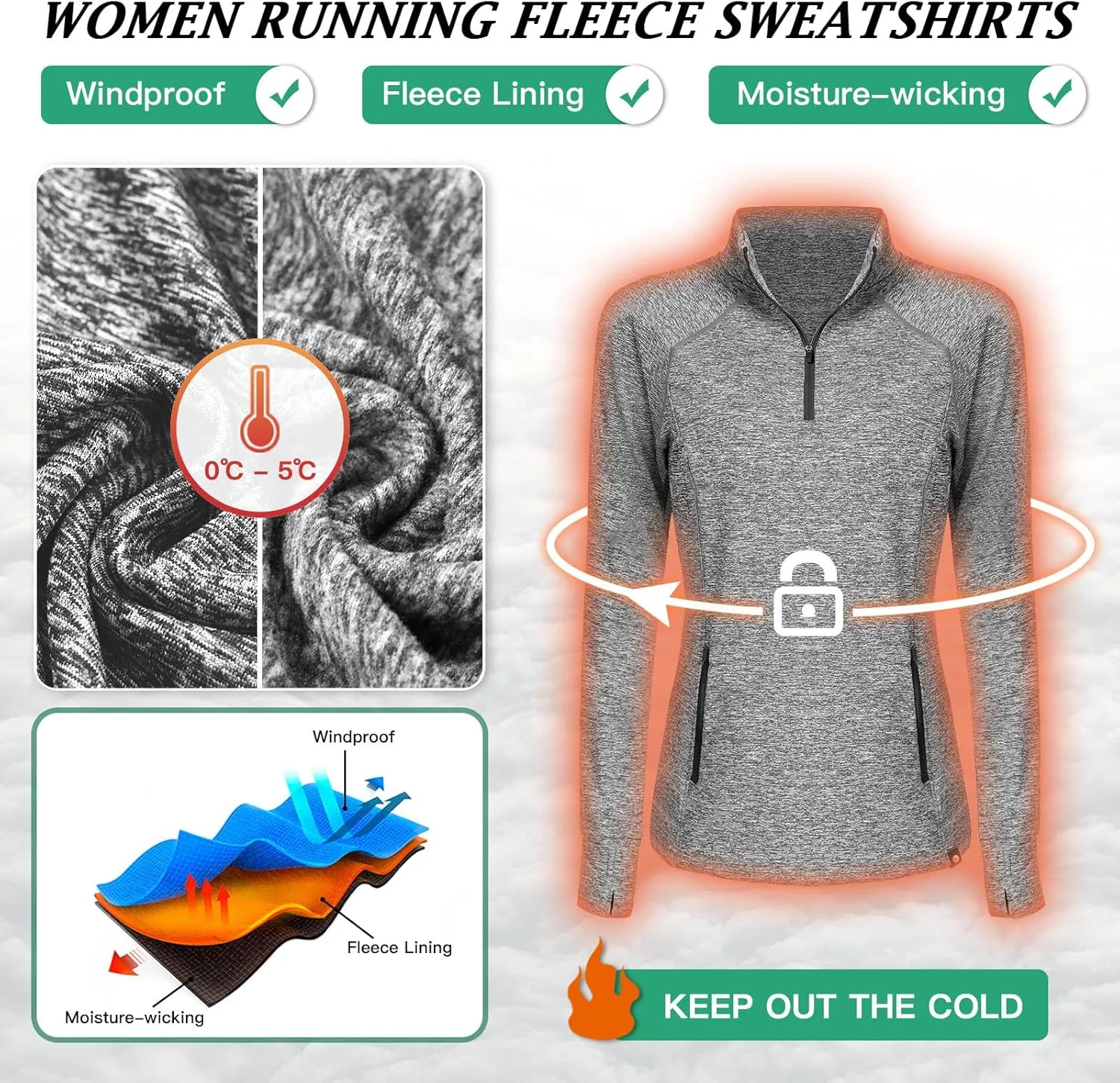 Soneven Women's Thermal Fleece Running Shirts Warm Winter Pullover Cold Weather Workout Hiking Tops with Thumb Holes Pockets