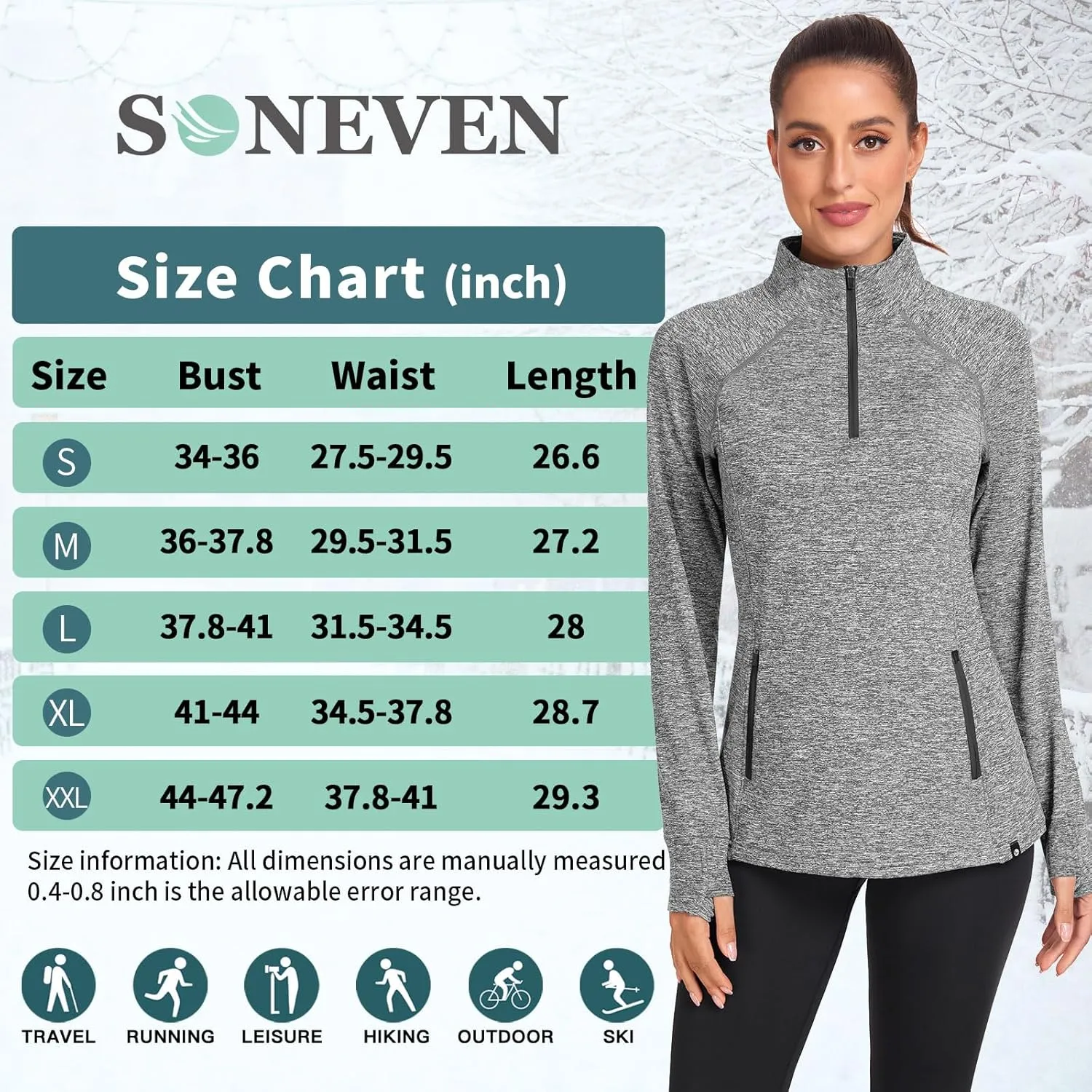 Soneven Women's Thermal Fleece Running Shirts Warm Winter Pullover Cold Weather Workout Hiking Tops with Thumb Holes Pockets