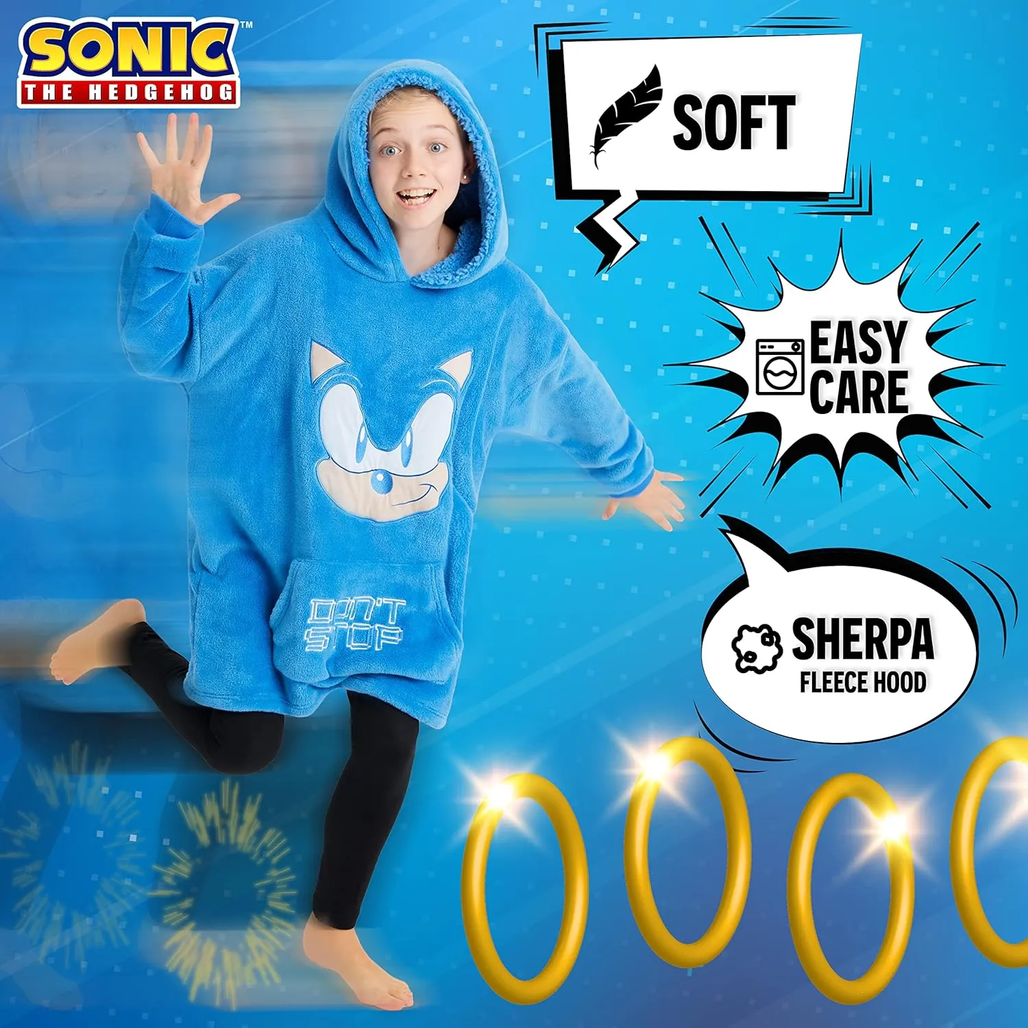 Sonic The Hedgehog Fleece Hoodie Blanket for Boys and Teenagers Oversized Fleece Poncho One Size Gaming Gifts for Boys