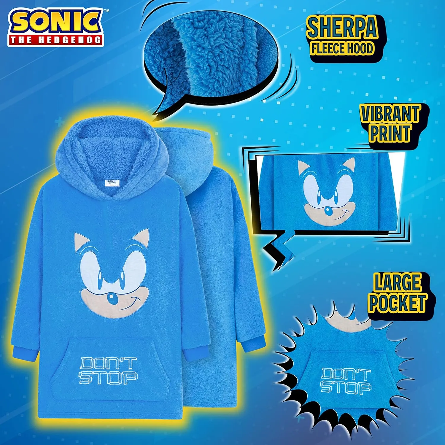 Sonic The Hedgehog Fleece Hoodie Blanket for Boys and Teenagers Oversized Fleece Poncho One Size Gaming Gifts for Boys