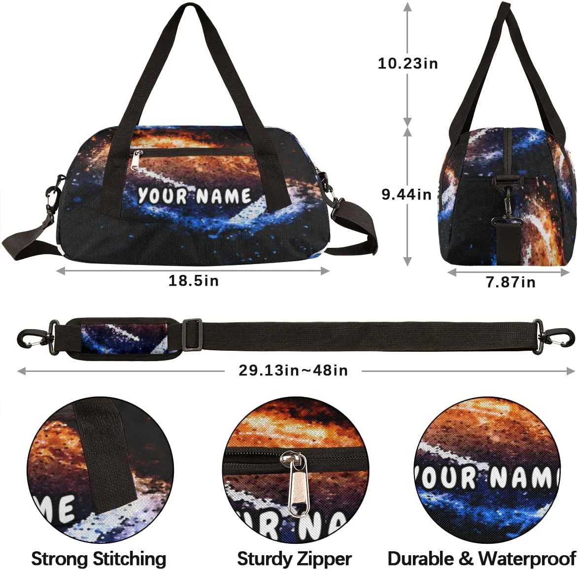 Space Football Personalized Kids Duffel Bag for Girls Boys, Football Customized Name Dance Bag Overnight Small Duffel Bag Carry On Weekend Sports Gym Travel Bag for School Practice Gymnastics Ballet