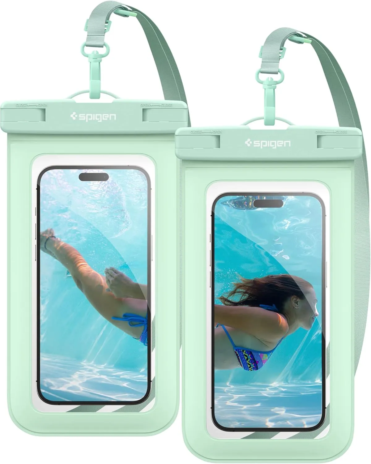 Spigen AquaShield Universal Waterproof Phone Pouch, Waterproof Phone Case, PVC Protective Dry Bag Cases with IPX8 A601 Compatible with iPhone, Galaxy, Google (Pack of 2) - Transparent Mint