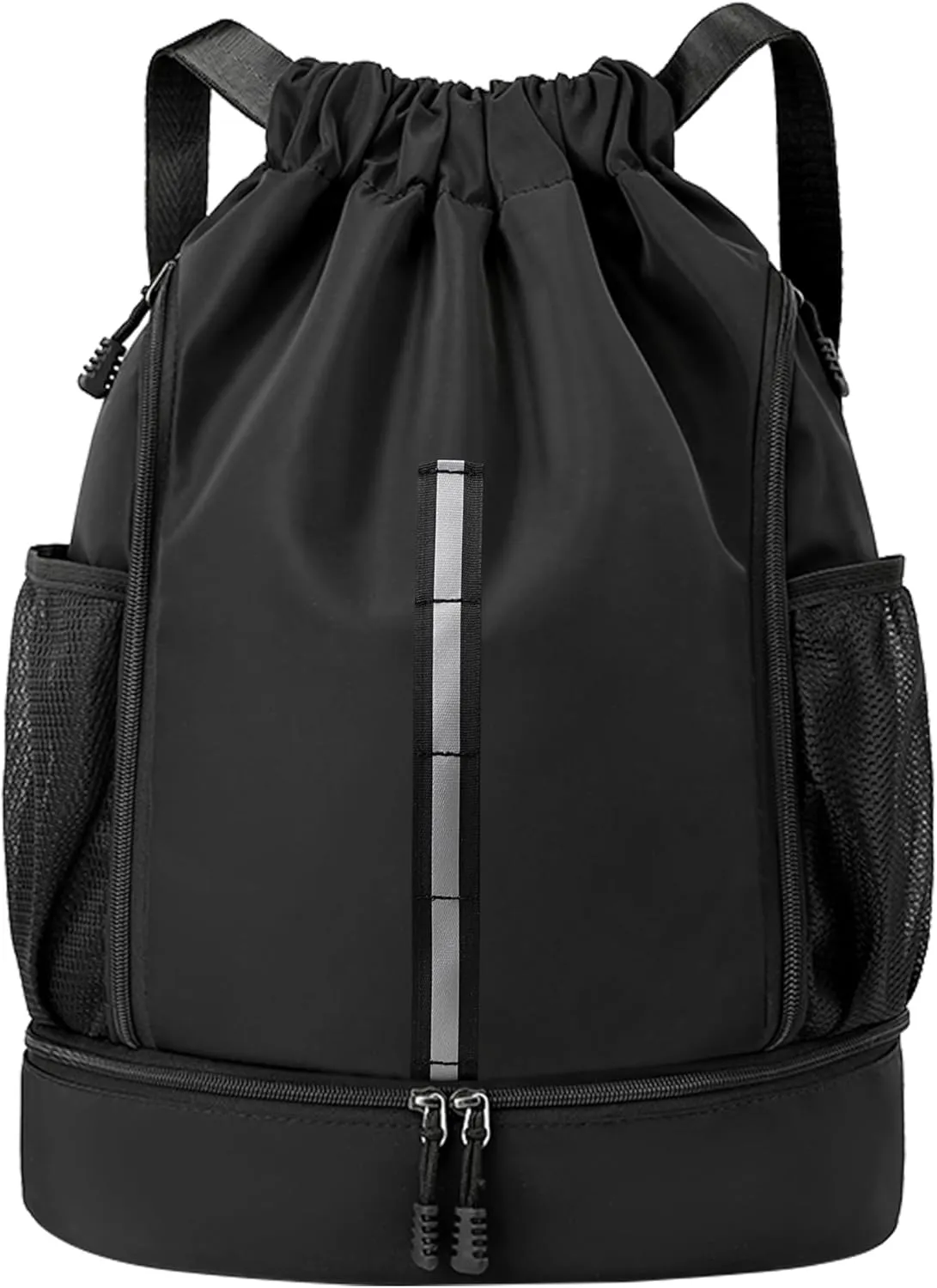 Sport Gym Bag Water Resistant Drawstring Backpack for Men Women with Shoes Compartment (Black)
