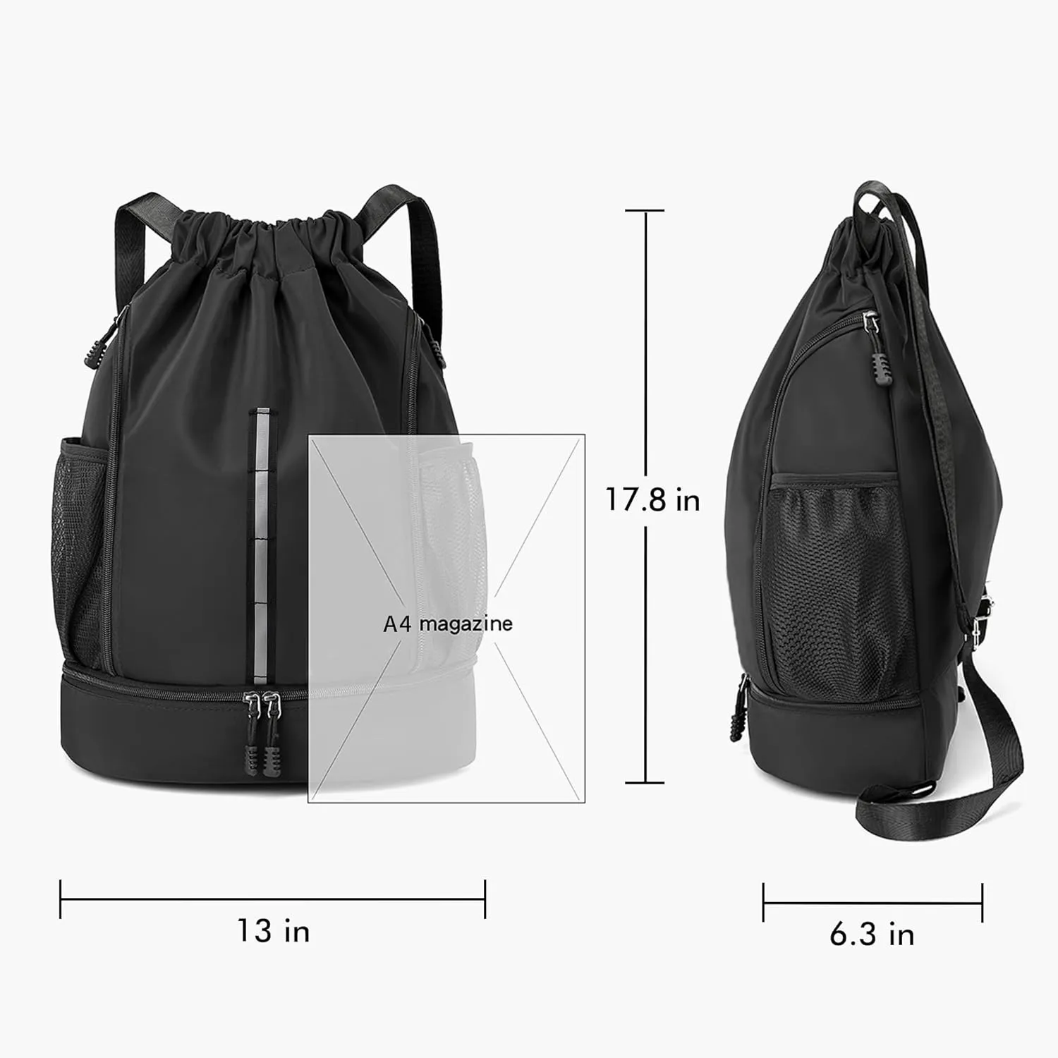 Sport Gym Bag Water Resistant Drawstring Backpack for Men Women with Shoes Compartment (Black)