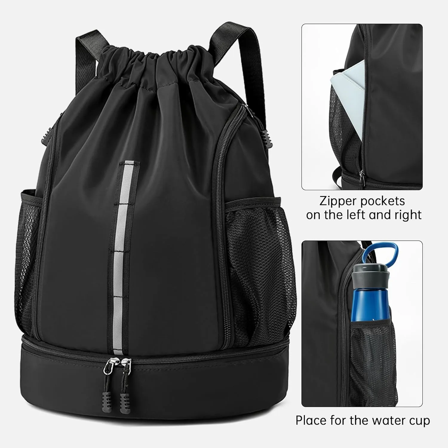 Sport Gym Bag Water Resistant Drawstring Backpack for Men Women with Shoes Compartment (Black)