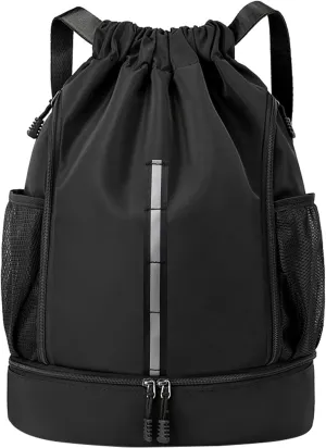 Sport Gym Bag Water Resistant Drawstring Backpack for Men Women with Shoes Compartment (Black)