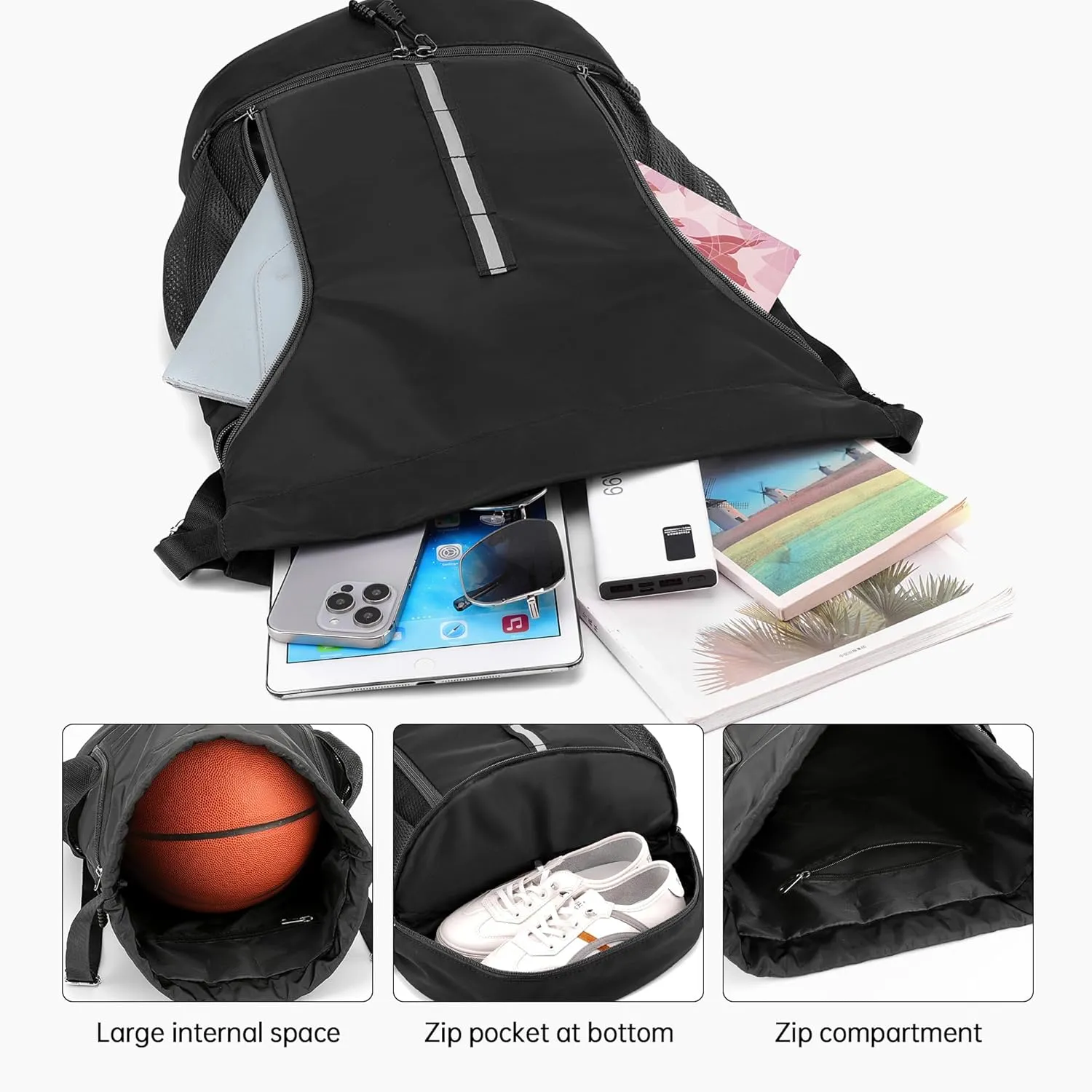 Sport Gym Bag Water Resistant Drawstring Backpack for Men Women with Shoes Compartment (Black)