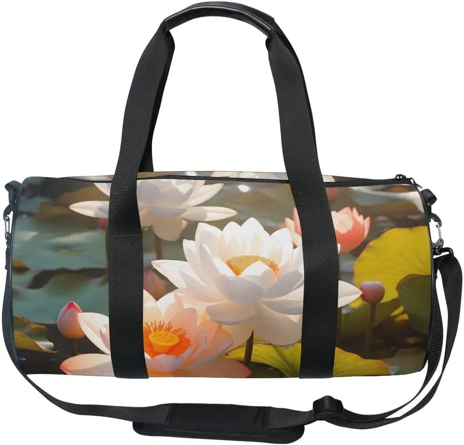 Sports Gym Bag Gym Duffle Bag Sport Bags for Men Women White Lotus Pond Durable Handle Luggage Bag