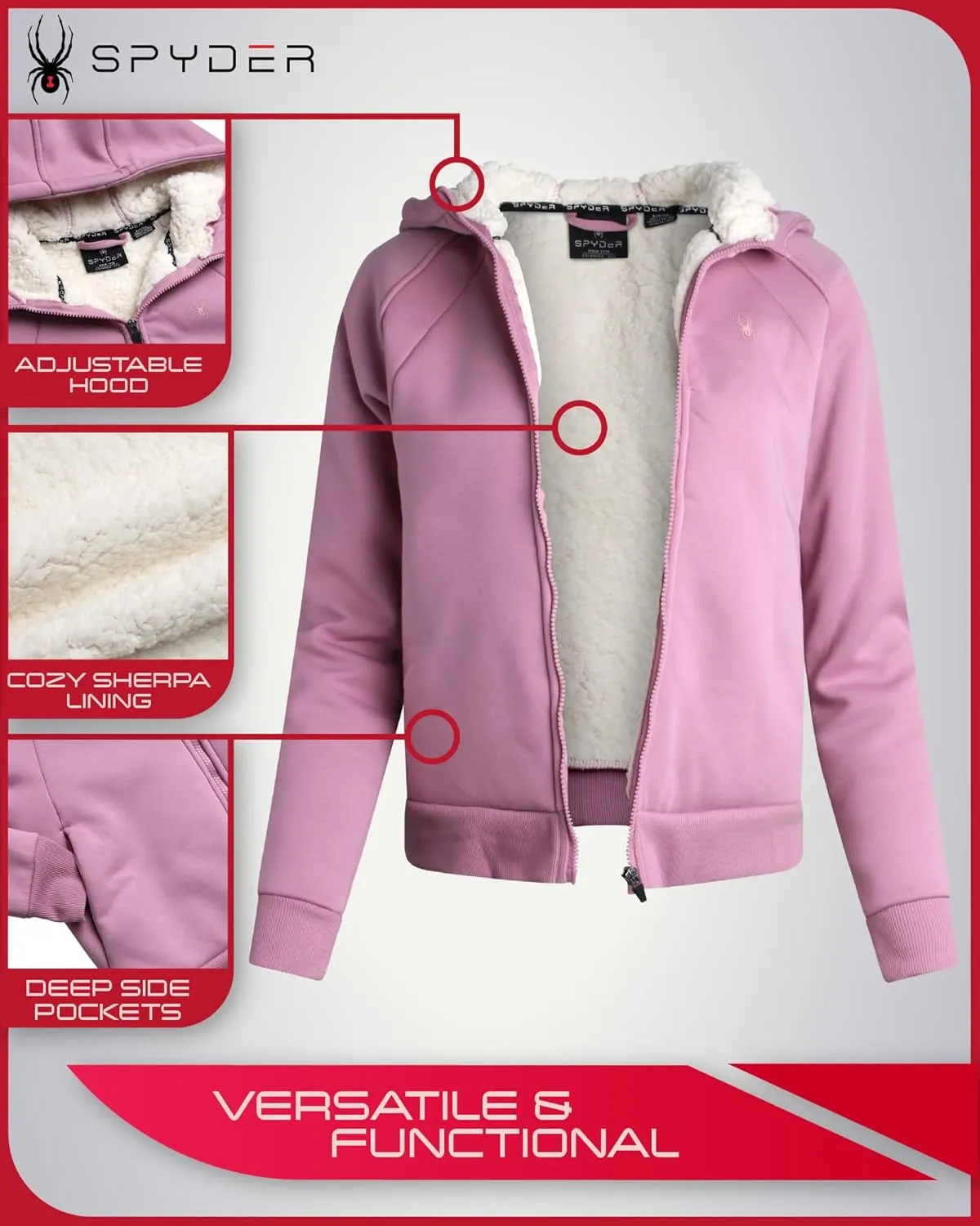 Spyder Women’s Sherpa Lined Hoodie Sweatshirt - Heavyweight Wind-Resistant Fleece Zip Up Sweatshirts for Women (Sizes: S-XL)