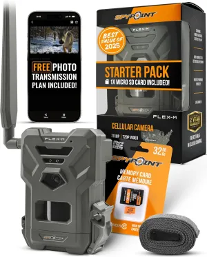 SPYPOINT Flex-M and SD Card Pack - Cellular Trail Cameras |Best Value in Hunting Accessories |No WiFi Needed & GPS-Enabled |Hunting Night Vision | IP65 Waterproof |28MP Photos, 720p Videos