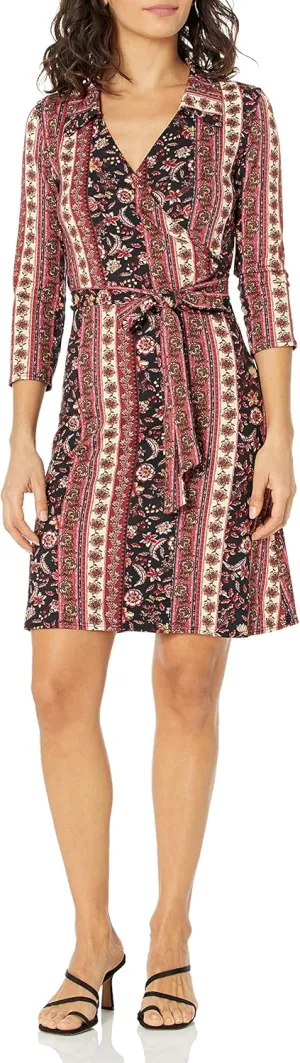 Star Vixen Women's Three-Quarter-Sleeve Faux Wrap Dress