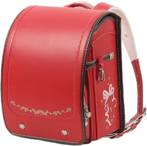 Star-Wind Randoseru backpack automatic school bag boys girls PU leather light weight Rain Cover, Red
