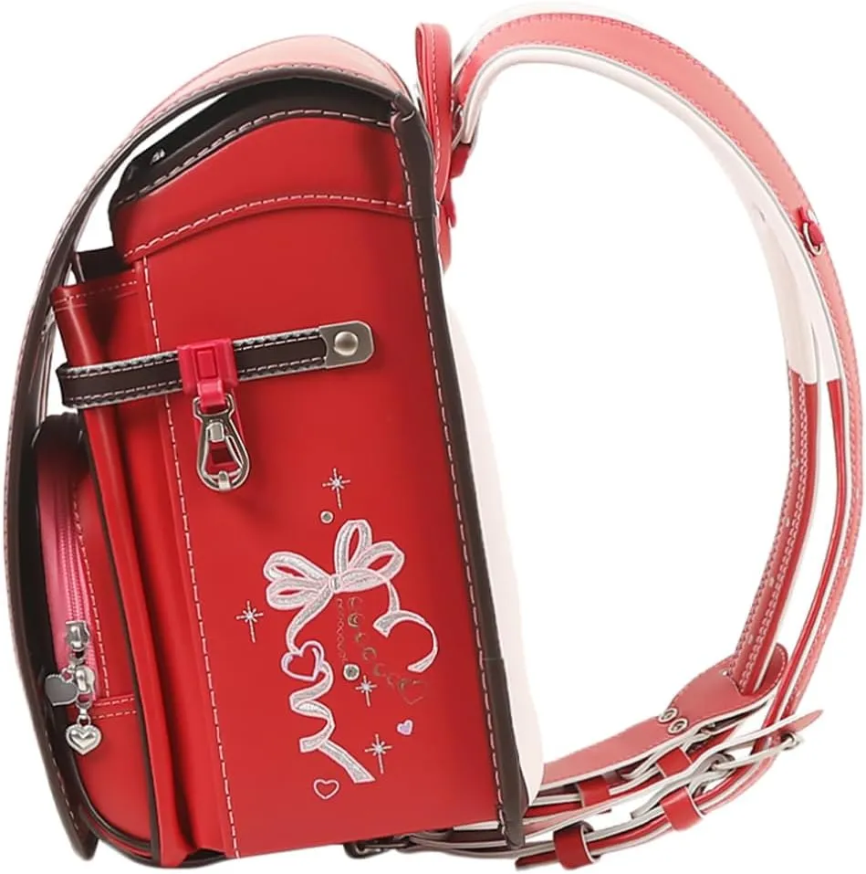 Star-Wind Randoseru backpack automatic school bag boys girls PU leather light weight Rain Cover, Red