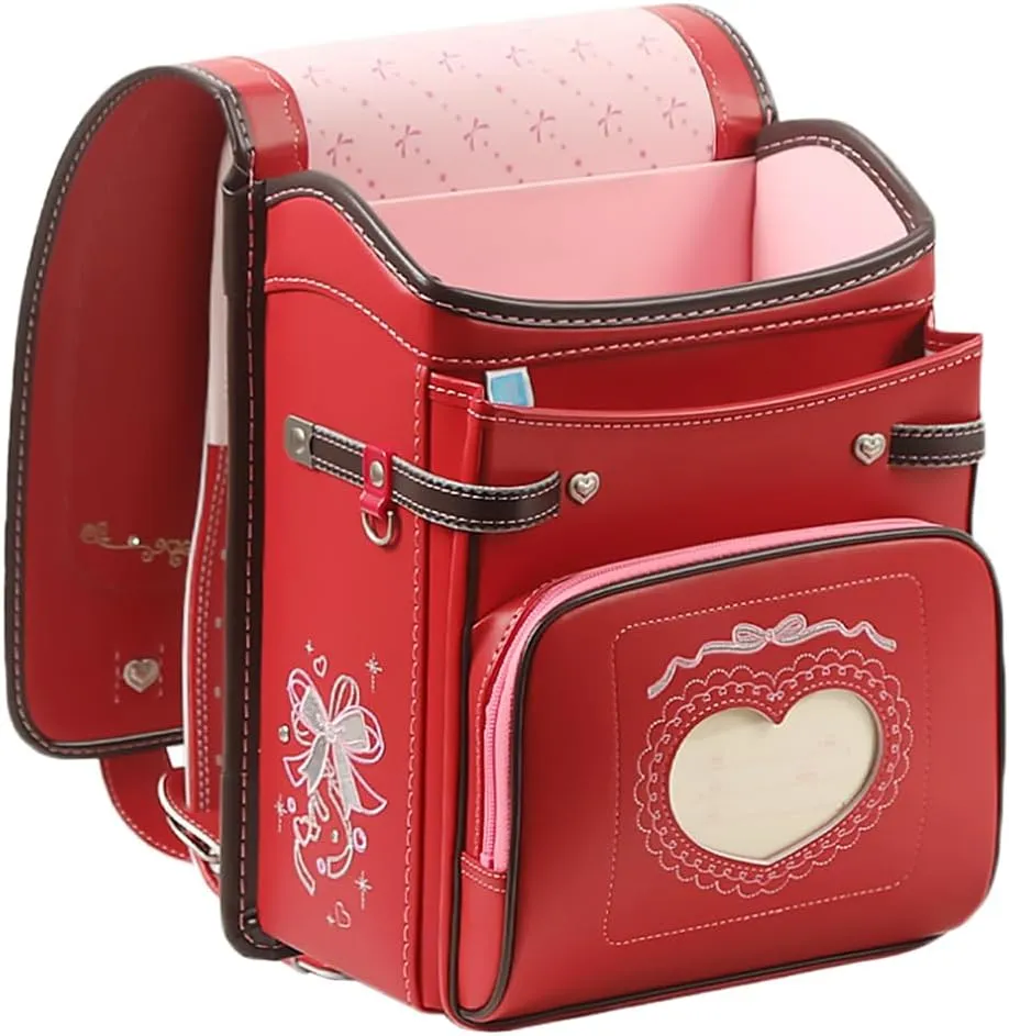 Star-Wind Randoseru backpack automatic school bag boys girls PU leather light weight Rain Cover, Red