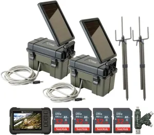 Stealth Cam HME Trail Camera 12V with Solar Auxiliary Power Pack (2-Pack) Bundle with 2X SD Card Reader and Viewer, 2X Trail Camera Mount Stick, 4X 32GB Memory Card, and SD Card Reader (11 Items)