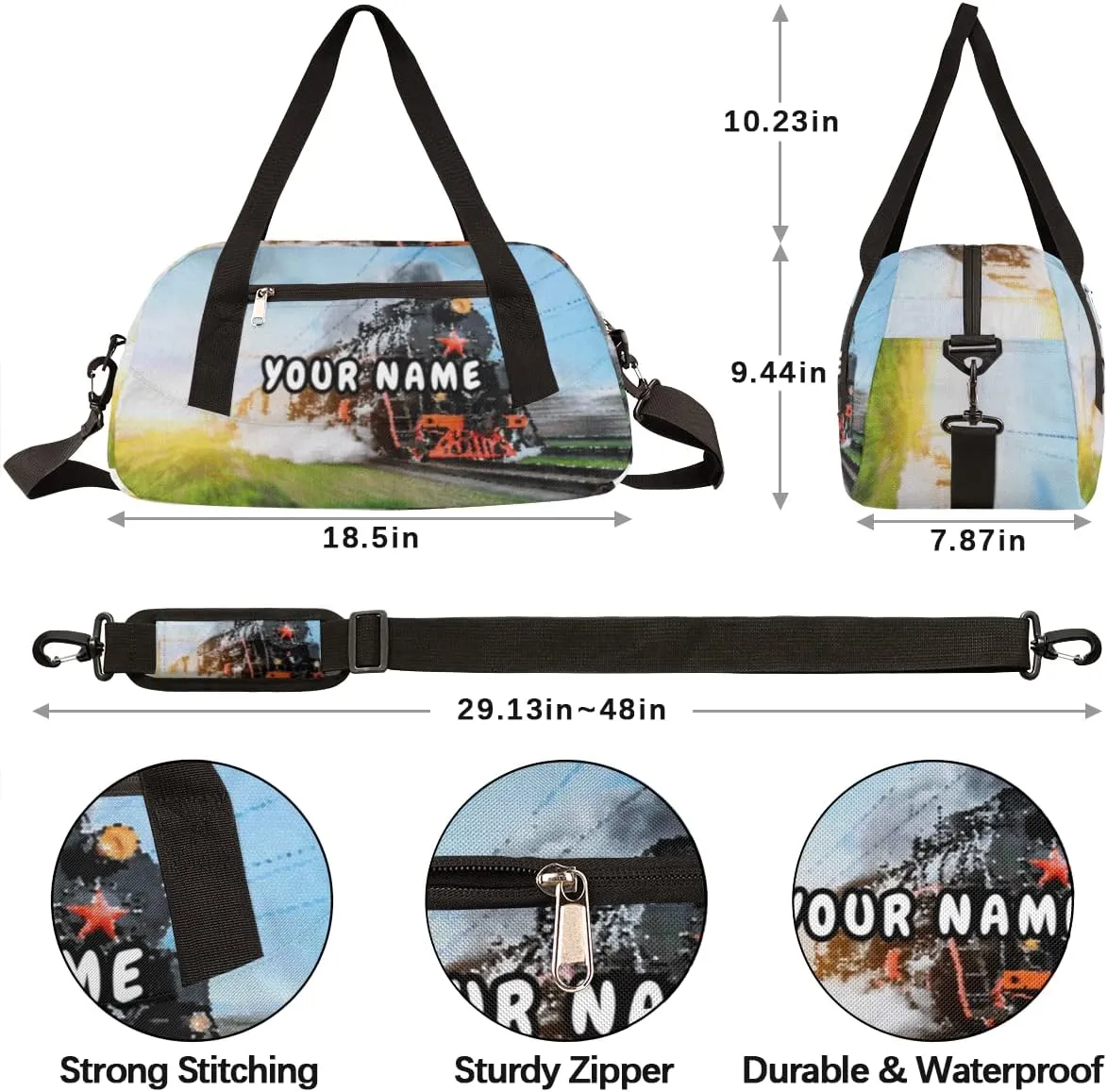 Steam Train Design Personalized Kids Duffel Bag for Boys, Train Pattern Customized Name Overnight Small Duffel Bag Carry On Weekend Sports Gym Travel Bag for School Practice Gymnastics Ballet